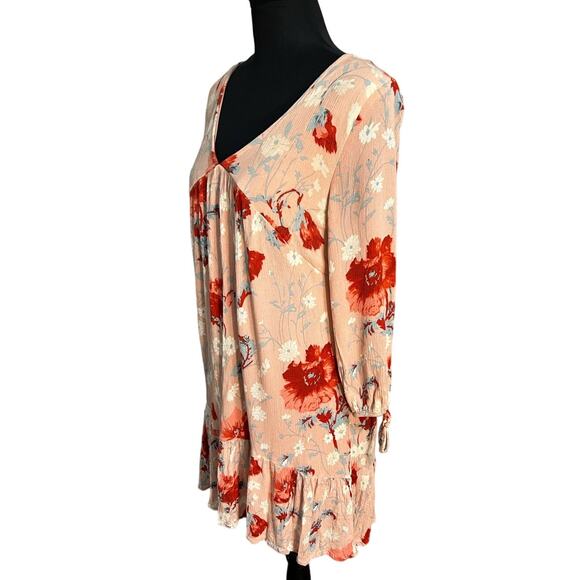 Entro Pink and Red Floral Print Ruffle Hem V-Neck Babydoll Dress, Size M - Picture 2 of 7